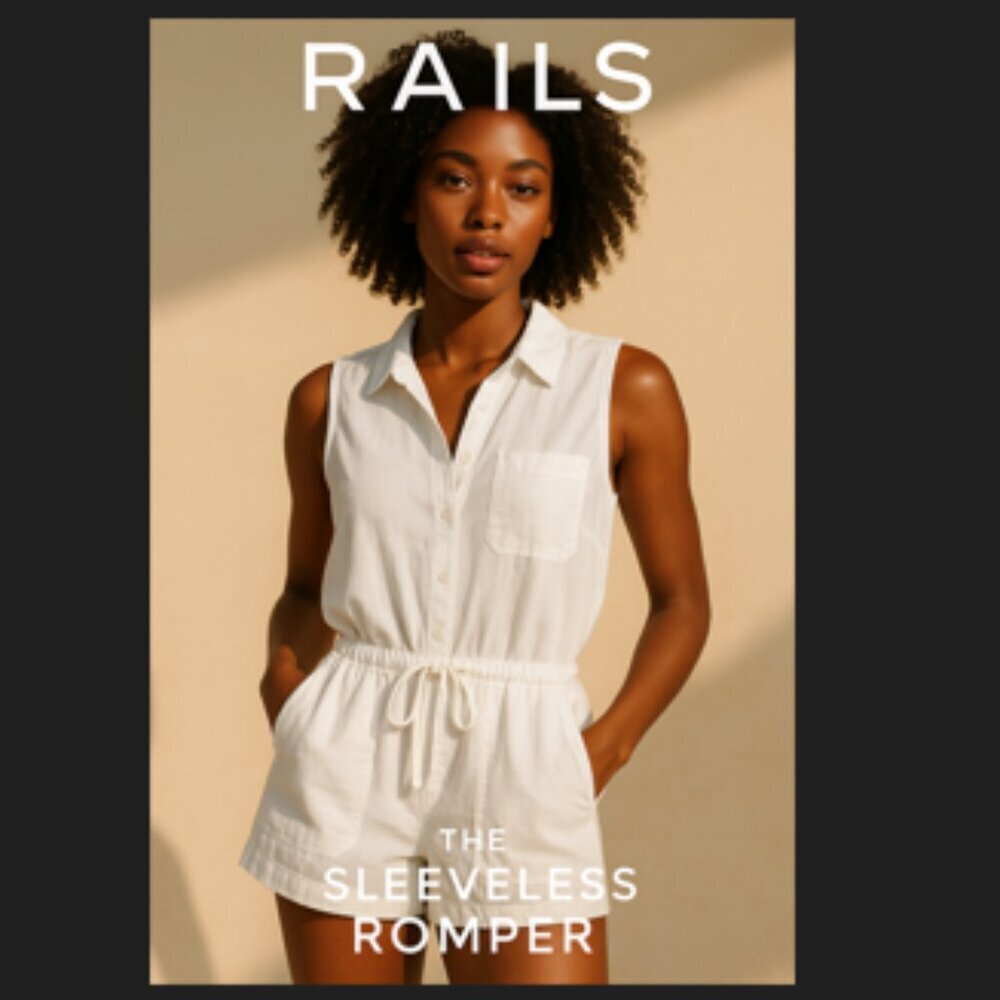 RAILS Parker Sleeveless White Cotton Romper Drawstring Waist Sz. S. - Picture 2 of 11